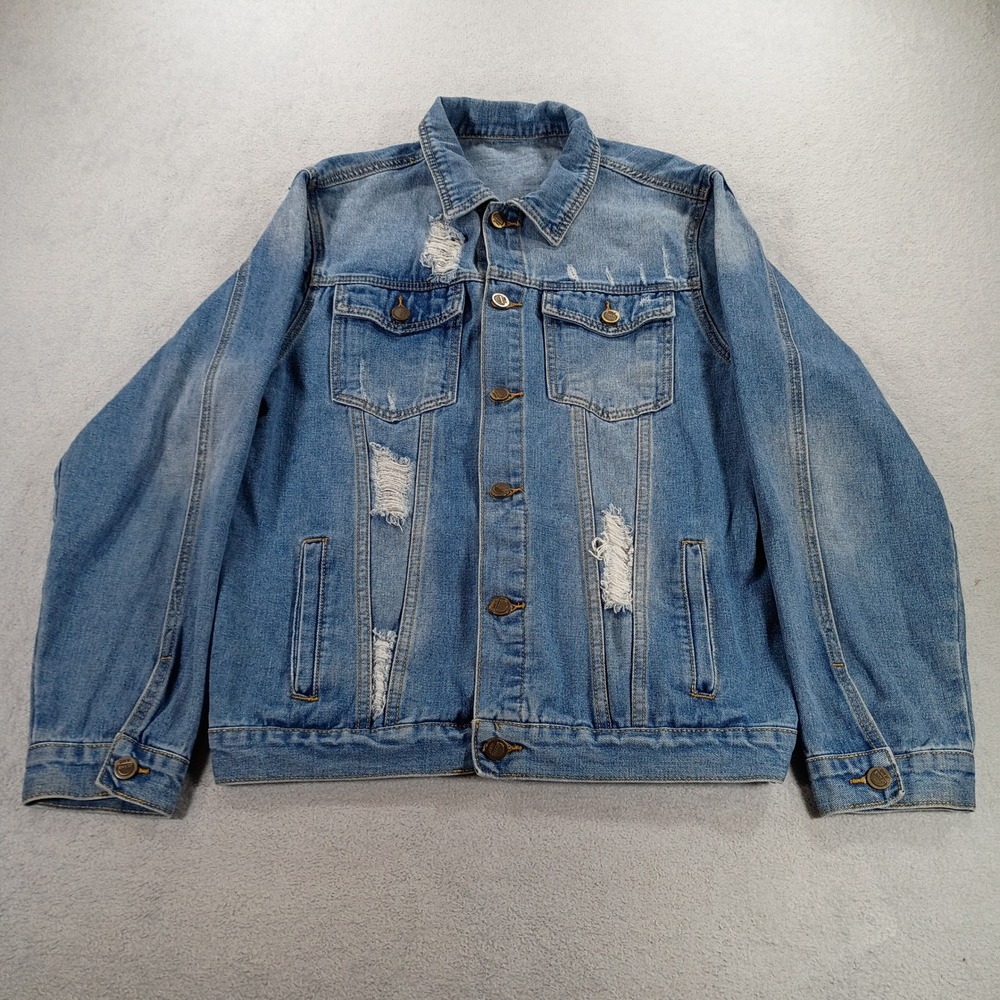 Jeans Jeans Mens Distressed Denim Jacket Blue Medium Wash Distressed L